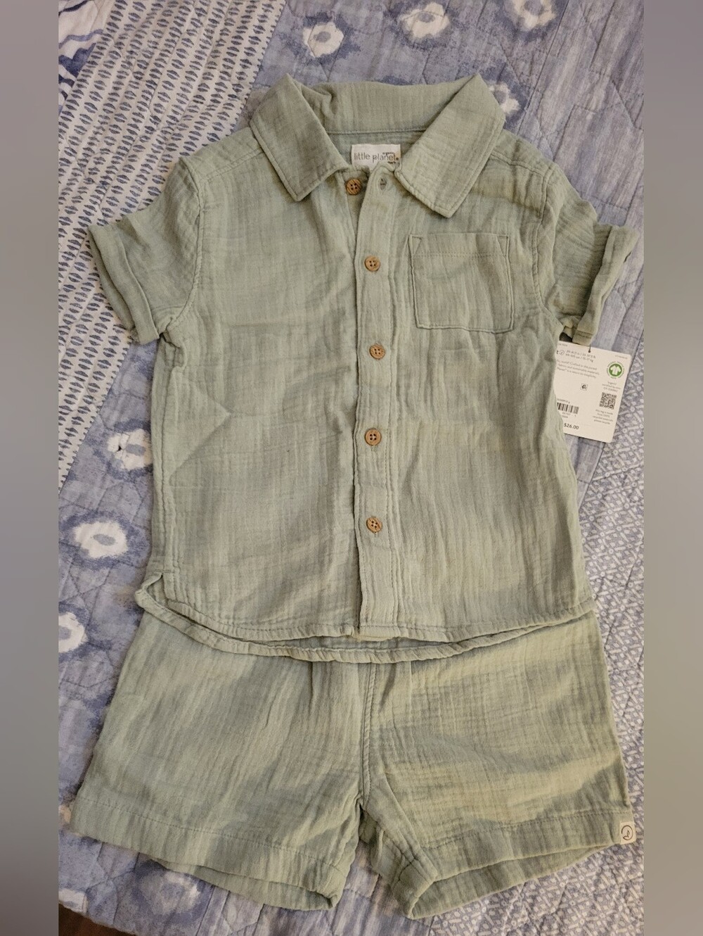 Little Planet Size 4t Short Sleeve Button Shirt & Shorts Set GAUZE- Sage Green